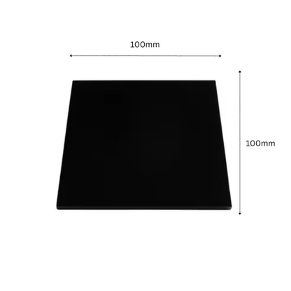 Black glass square coaster from Glassware UK, showing size and dimensions, designed as a stylish accessories piece for protecting surfaces.