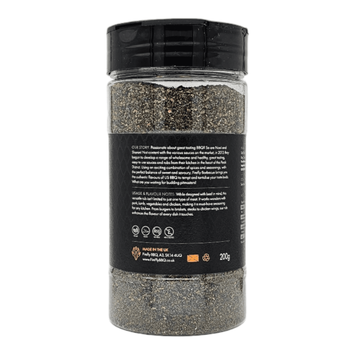 Back view of FireFly Barbecue Black Magic Charcoal Beef Rub jar, showcasing the label on the black container used for BBQ seasoning.