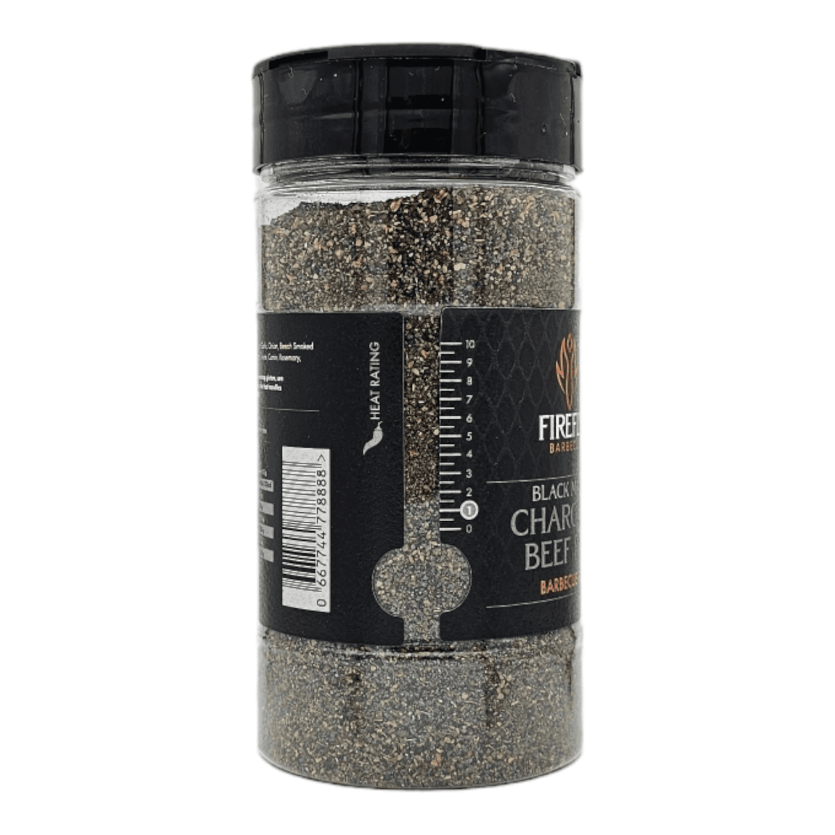 FireFly Barbecue Black Magic Charcoal Beef Rub jar, side view showing the black seasoning blend for grilling or barbecue.