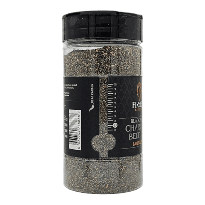FireFly Barbecue Black Magic Charcoal Beef Rub jar, side view showing the black seasoning blend for grilling or barbecue.