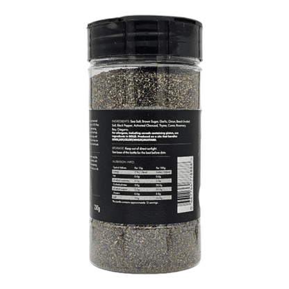 FireFly Barbecue Black Magic Charcoal Beef Rub bottle showing the label and product details on a black background.