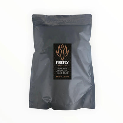 FireFly Barbecue Black Magic Charcoal Beef Rub in a 1kg container, perfect for enhancing grilled beef flavors with a smoky BBQ rub.