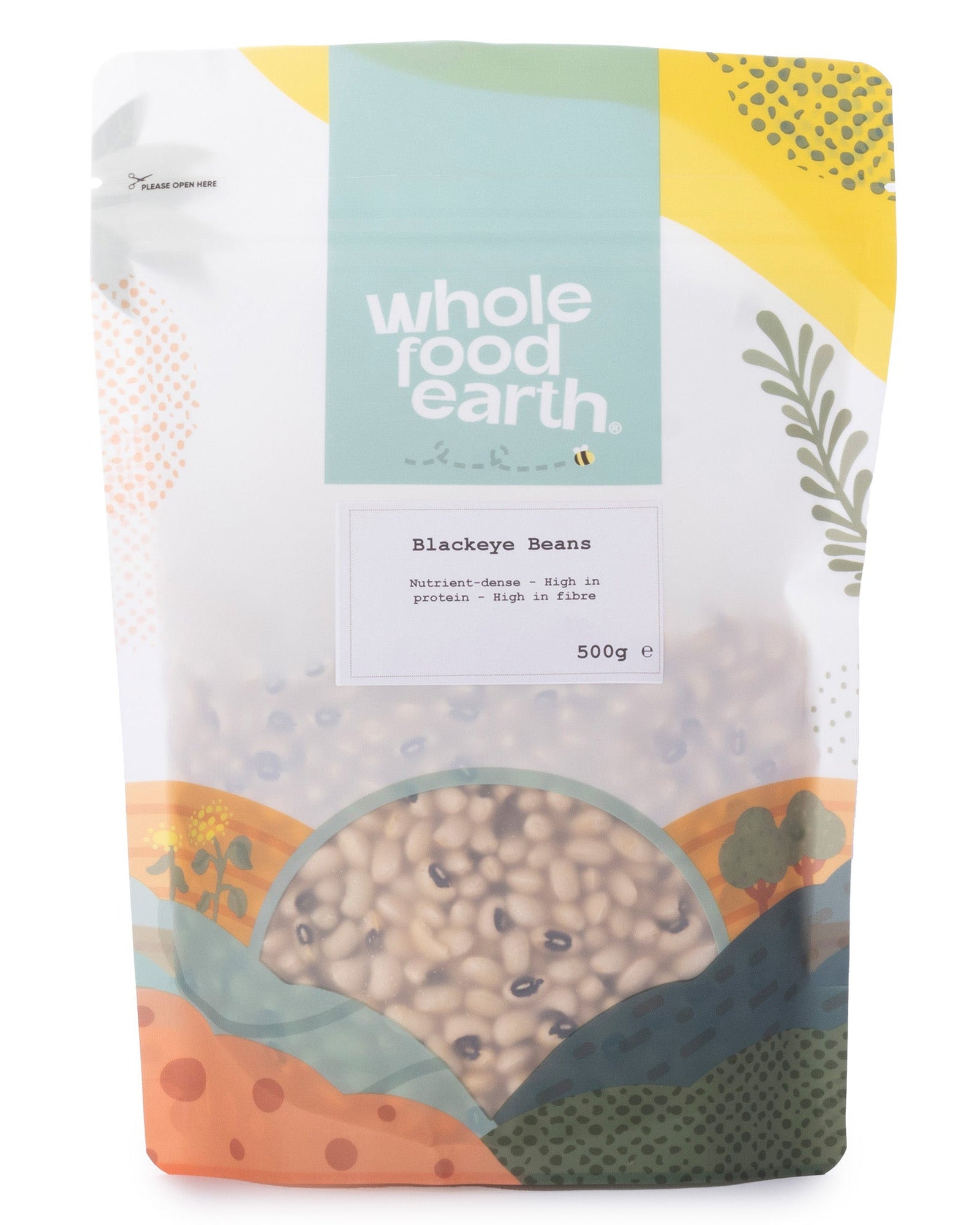 Whole Food Earth blackeye beans, 500g pack of fresh blackeye beans, showing glossy black and white speckled pulses.