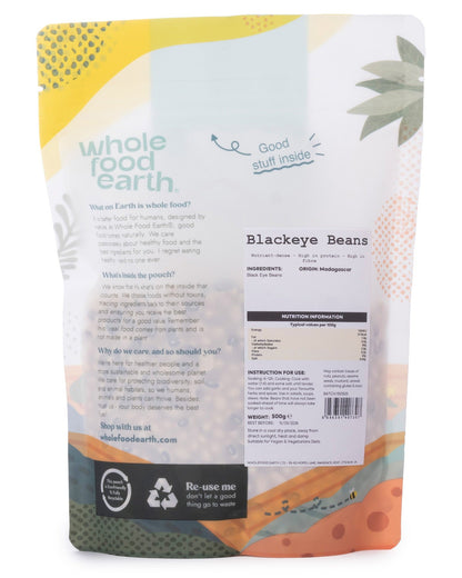Whole Food Earth blackeye beans in a 500g package, showcasing fresh, raw blackeye beans suitable for cooking and recipes.