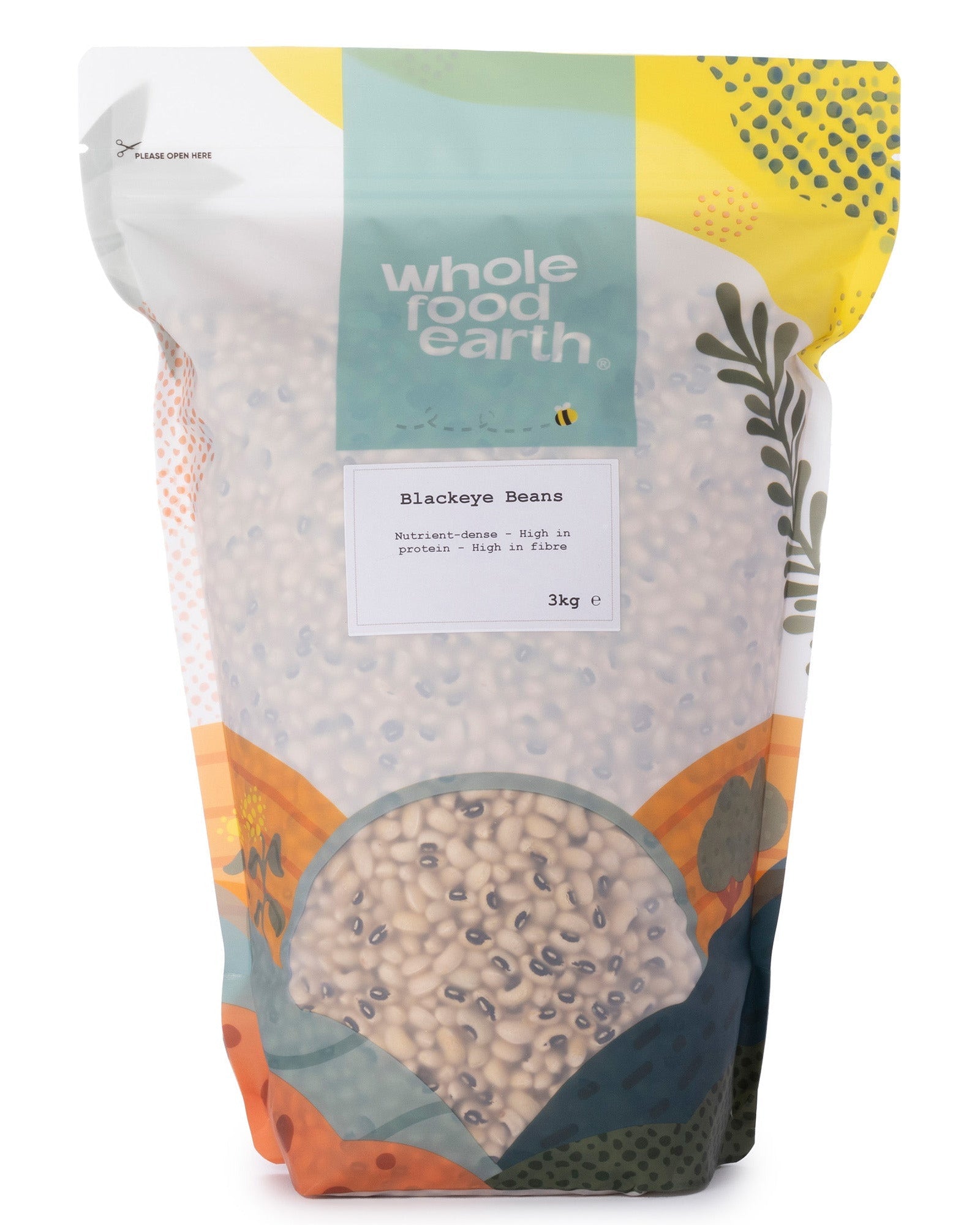Whole Food Earth Blackeye Beans, 3kg pack, showing fresh, raw blackeye beans in a natural, close-up view.
