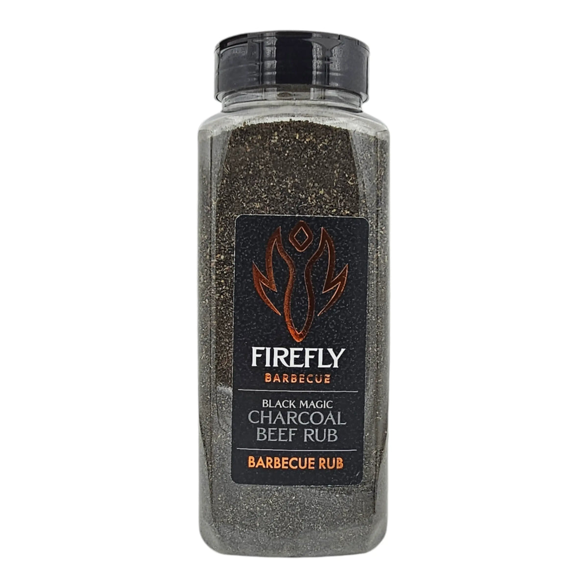 FireFly Barbecue Black Magic Charcoal Beef Rub in a jar, showcasing the spicy black seasoning for grilling and BBQ.