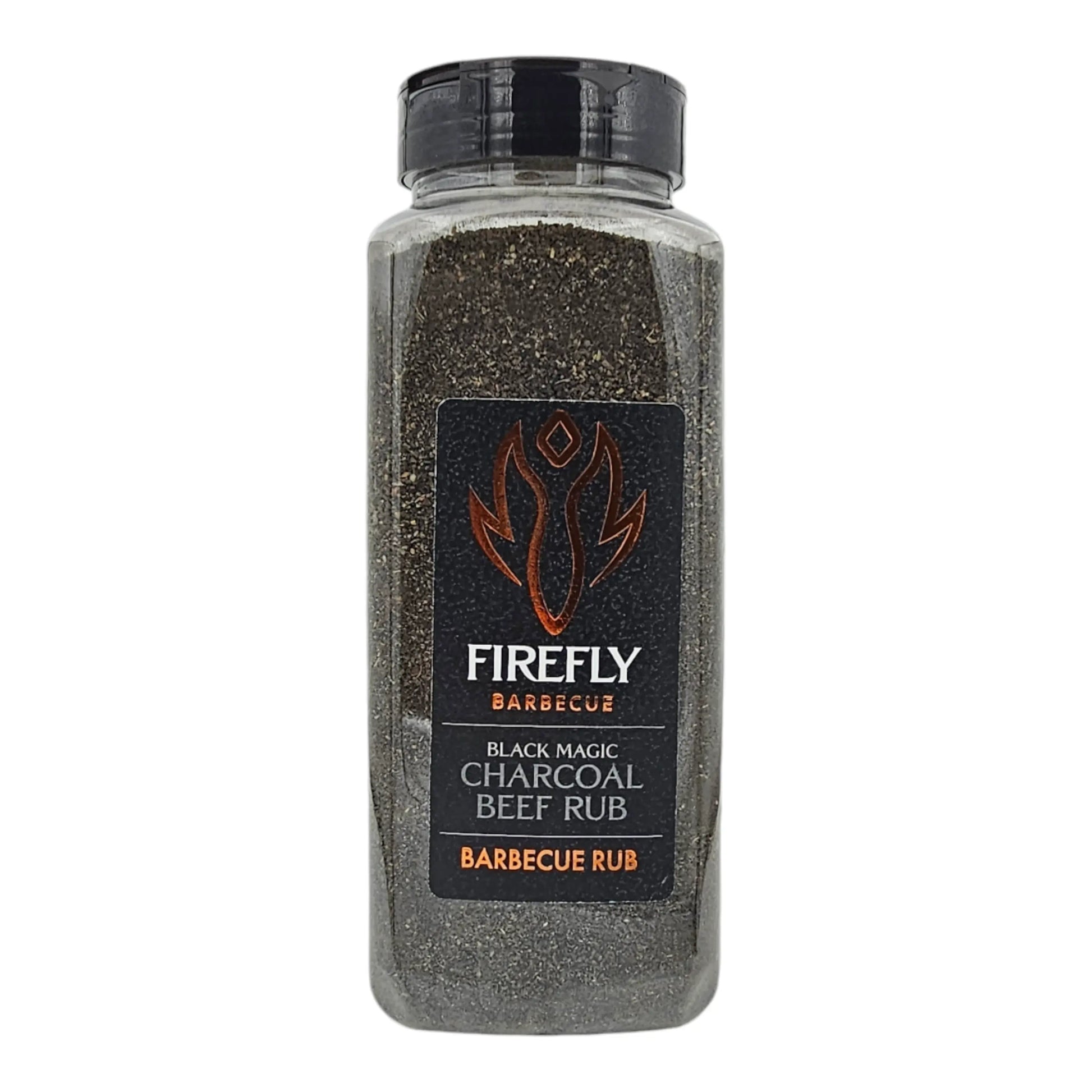 FireFly Barbecue Black Magic Charcoal Beef Rub in a jar, perfect for enhancing grilled or smoked beef dishes.