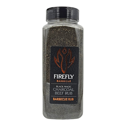 FireFly Barbecue Black Magic Charcoal Beef Rub in a jar, perfect for enhancing grilled or smoked beef dishes.