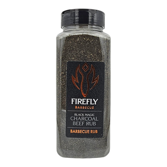 FireFly Barbecue Black Magic Charcoal Beef Rub in a jar, perfect for enhancing grilled or smoked beef dishes.