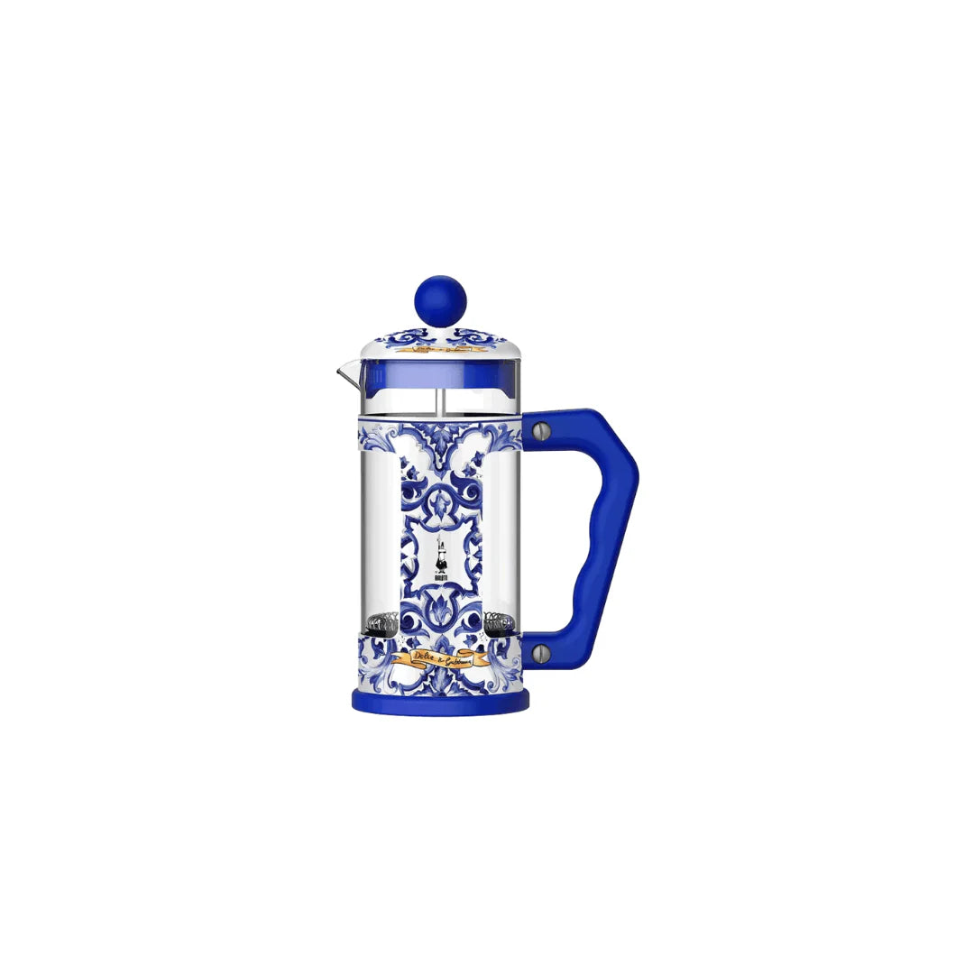 Blue Bialetti X Dolce&Gabbana Mediterranean coffee press with Brew Italia hardware, 3-cup capacity, stylish and elegant design.
