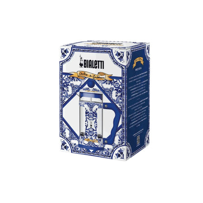 Bialetti X Dolce&Gabbana Blue Mediterranean 8-cup coffee press, sleek blue Bialetti hardware for brewing espresso-style coffee.