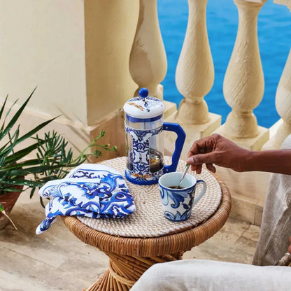 Blue Bialetti X Dolce&Gabbana Mediterranean coffee press, 8-cup Bialetti hardware, stylish blue ceramic cafetiere for brewing coffee.