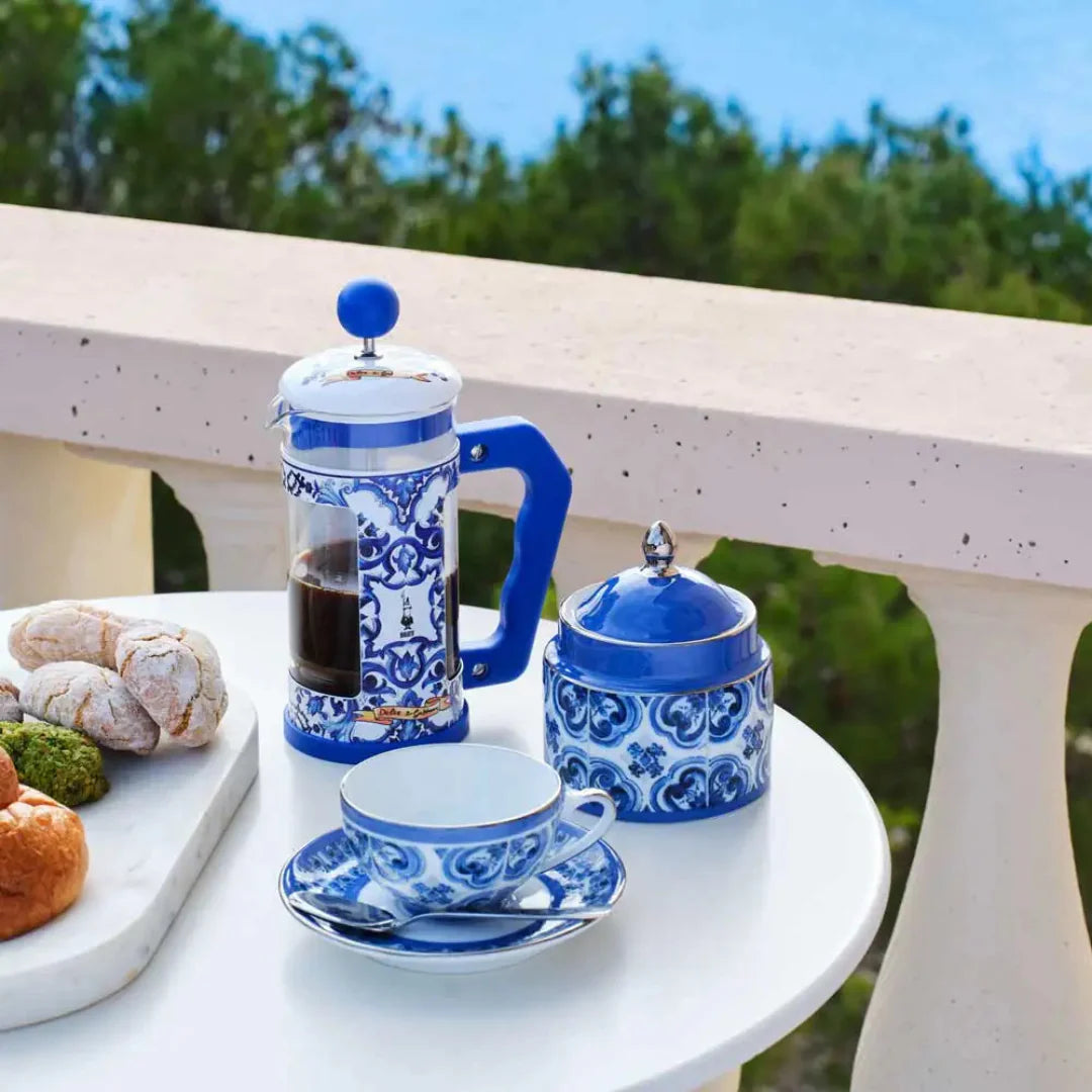 Blue Bialetti X Dolce&Gabbana Mediterranean coffee press, 8-cup cafetière with stylish design and stainless steel hardware.