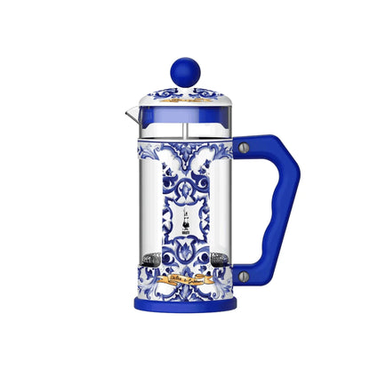 Blue Mediterranean coffee press by Bialetti X Dolce&Gabbana, 8-cup cafetière, with stylish blue design and stainless steel hardware.