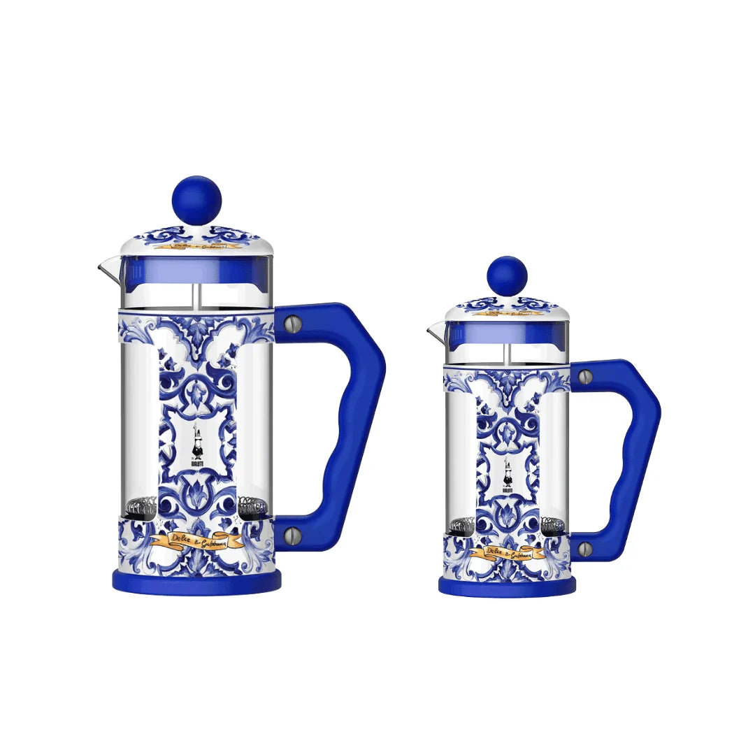 Blue Bialetti X Dolce&Gabbana Mediterranean 8-cup coffee press by Brew Italia, showcasing sleek stainless steel design with blue accents.