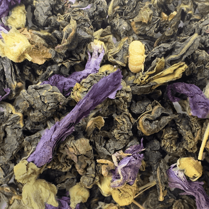 Blue Spring Oolong Tea by Porter Hill Tea Company, featuring loose tea leaves with vibrant blue-green color and delicate rolled shape.
