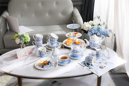 Tea Coffee Family Set for Mothers Day Coronation Party- 3 Tier Cake Stand, Teapot, Milk Jug, Sugar Bowl, 4 Plates, 4 Cups/ 4 Saucers (Blue)