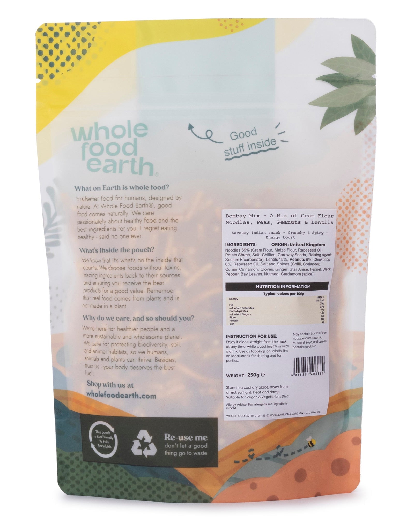 Whole Food Earth Bombay Mix with gram flour noodles, peas, peanuts, and lentils in a 250g package.