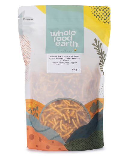 Whole Food Earth Bombay Mix featuring gram flour noodles, peas, peanuts, and lentils in a 500g package.