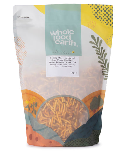 Whole Food Earth Bombay Mix with gram flour noodles, peas, peanuts, and lentils in a 1kg specialty snack package.