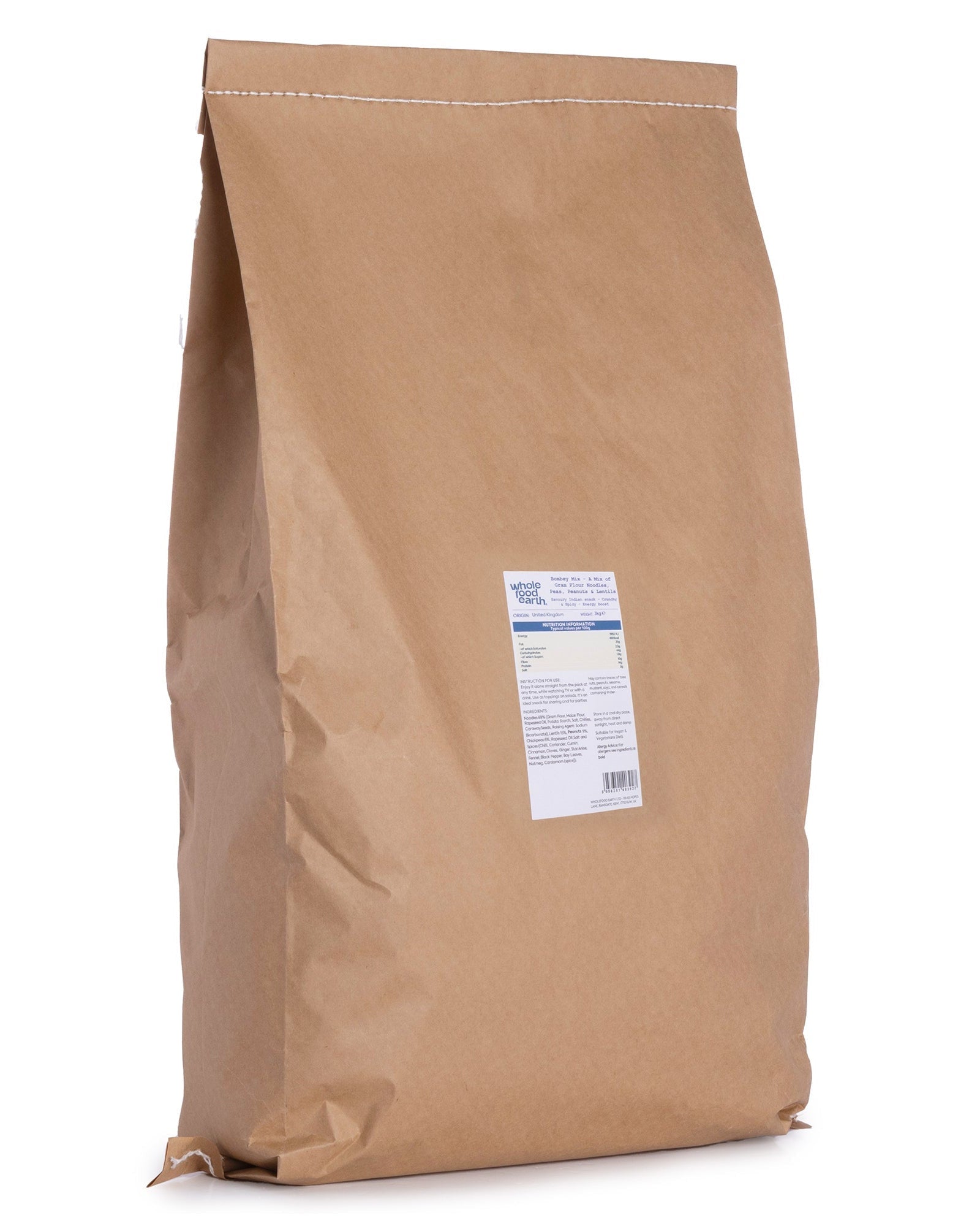 Whole Food Earth Bombay Mix with gram flour noodles, peas, peanuts, and lentils in a 3kg bag, a savory Indian snack blend.