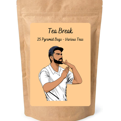 Tea Break tea bag label from Clubhouse Roastery featuring a colorful design and the text "Choice of Teas" on a white background.