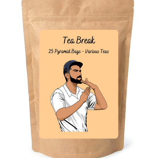 Tea Break tea bag label from Clubhouse Roastery featuring a colorful design and the text "Choice of Teas" on a white background.