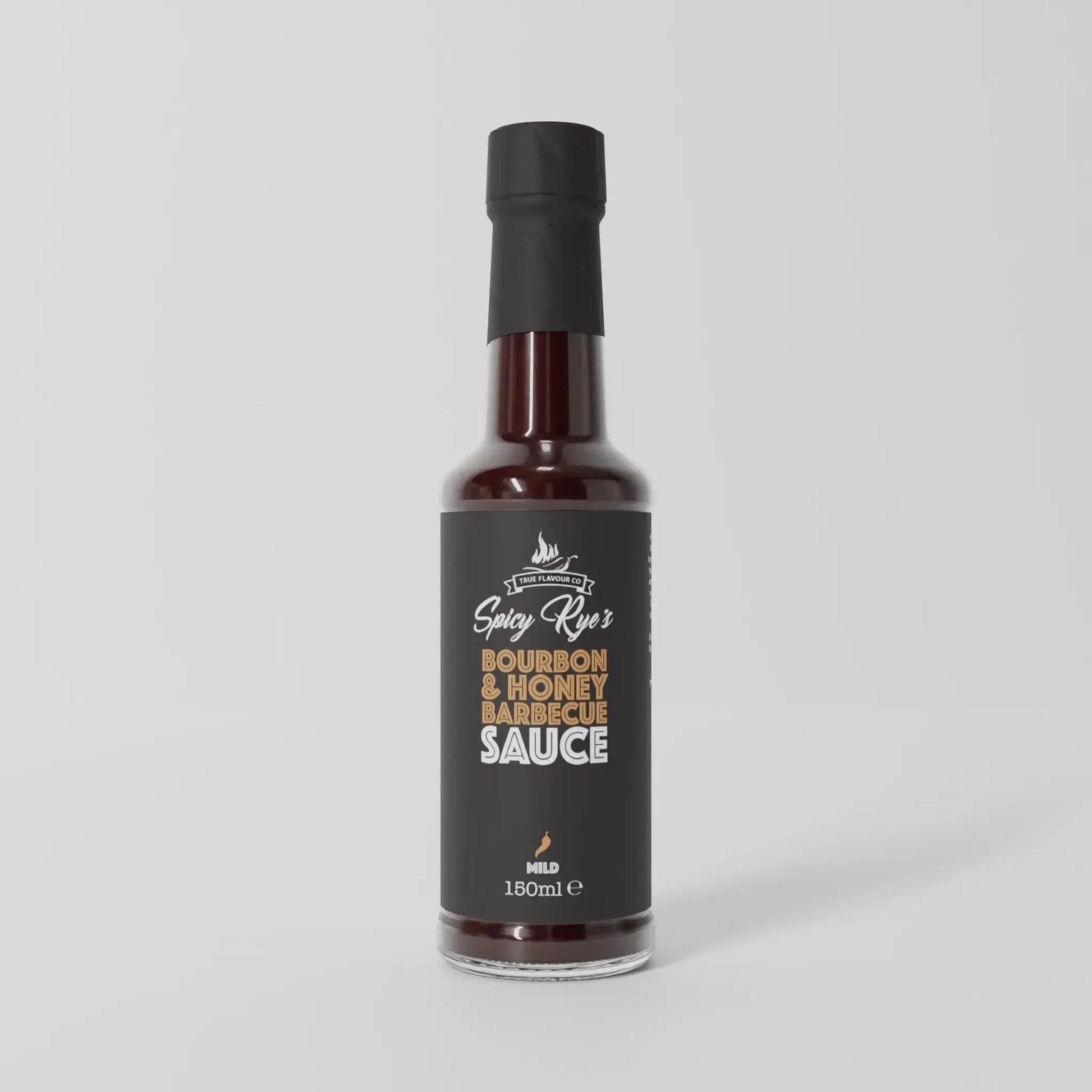 Spicy Ryes Bourbon & Honey BBQ Sauce bottle for grilling, featuring a dark caramel color and label design.