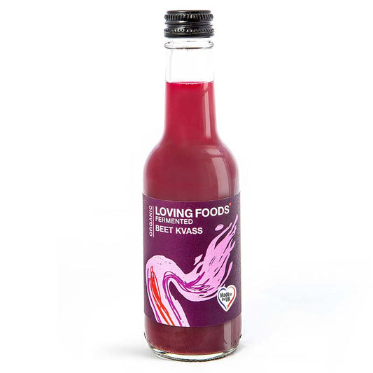 Bottle of Loving Foods organic beet kvass, a fermented vegetable juice with vibrant red color and fresh beetroot appearance.