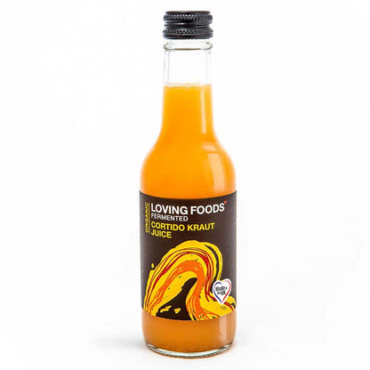 Bottle of Loving Foods Organic Cortido Kraut Juice, fermented vegetable juice with vibrant colors and fresh vegetable ingredients.