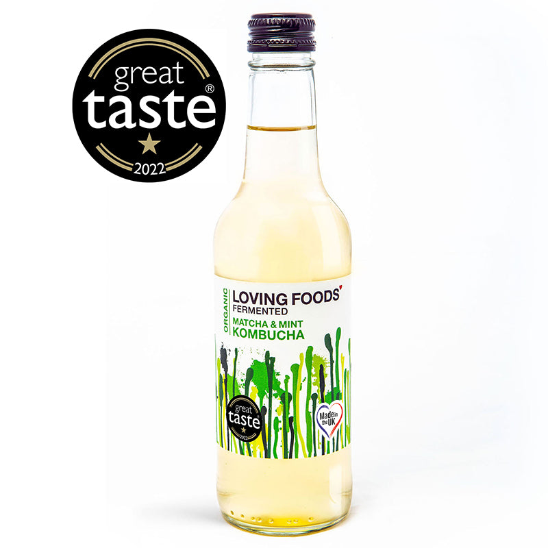Bottle of Loving Foods Organic Kombucha with Matcha and Mint flavor, featuring a green and white label with fresh mint and matcha imagery