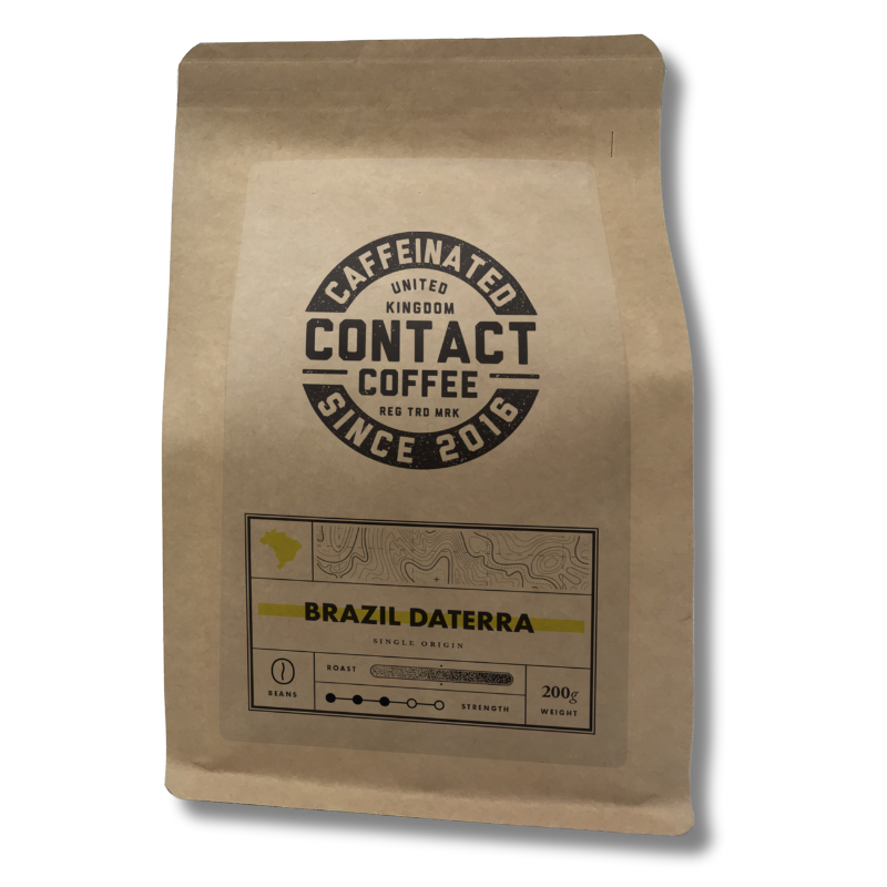Single Origin Brazil Daterra coffee beans from Contact Coffee Company Ltd. displayed in a clear image of roasted beans.