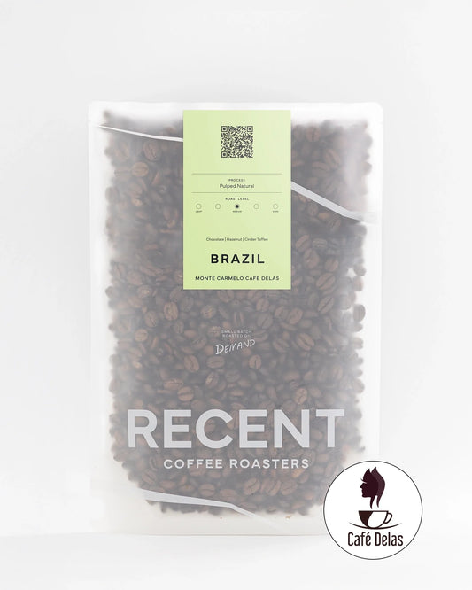 Eagle Monte Carmelo coffee bag from Recent Beans, showcasing Brazilian coffee beans in a modern package design