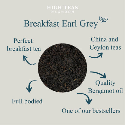 A box of High Teas Breakfast Earl Grey tea with loose tea leaves and a cup of brewed Earl Grey tea on a wooden surface.