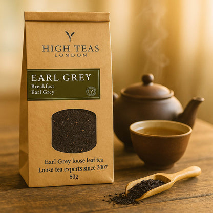 A cup of Breakfast Earl Grey tea with a tea bag, fresh lemon slices, and a teapot on a cozy breakfast table scene.