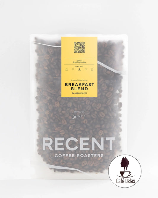 Recent Beans Garden Street Breakfast Blend coffee in a bag, showcasing the fresh roasted coffee beans for a flavorful breakfast brew.