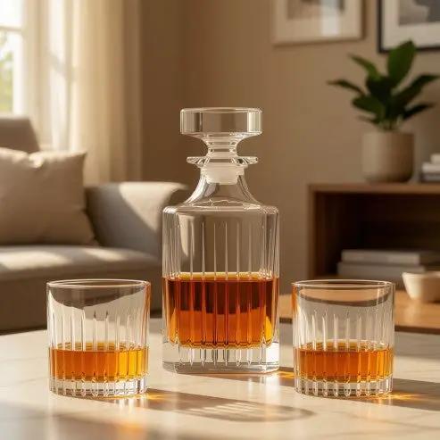 Broadway 3-piece whisky decanter set by Glassware UK with matching glasses, displayed in a gift box on a stylish bar cart.
