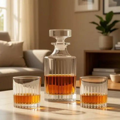 Broadway 3-piece whisky decanter set by Glassware UK with matching glasses, displayed in a gift box on a stylish bar cart.