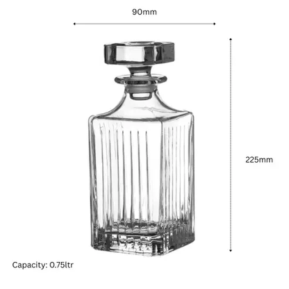 Three-piece Broadway whisky decanter gift set with matching glasses and a storage box, made by Glassware UK.