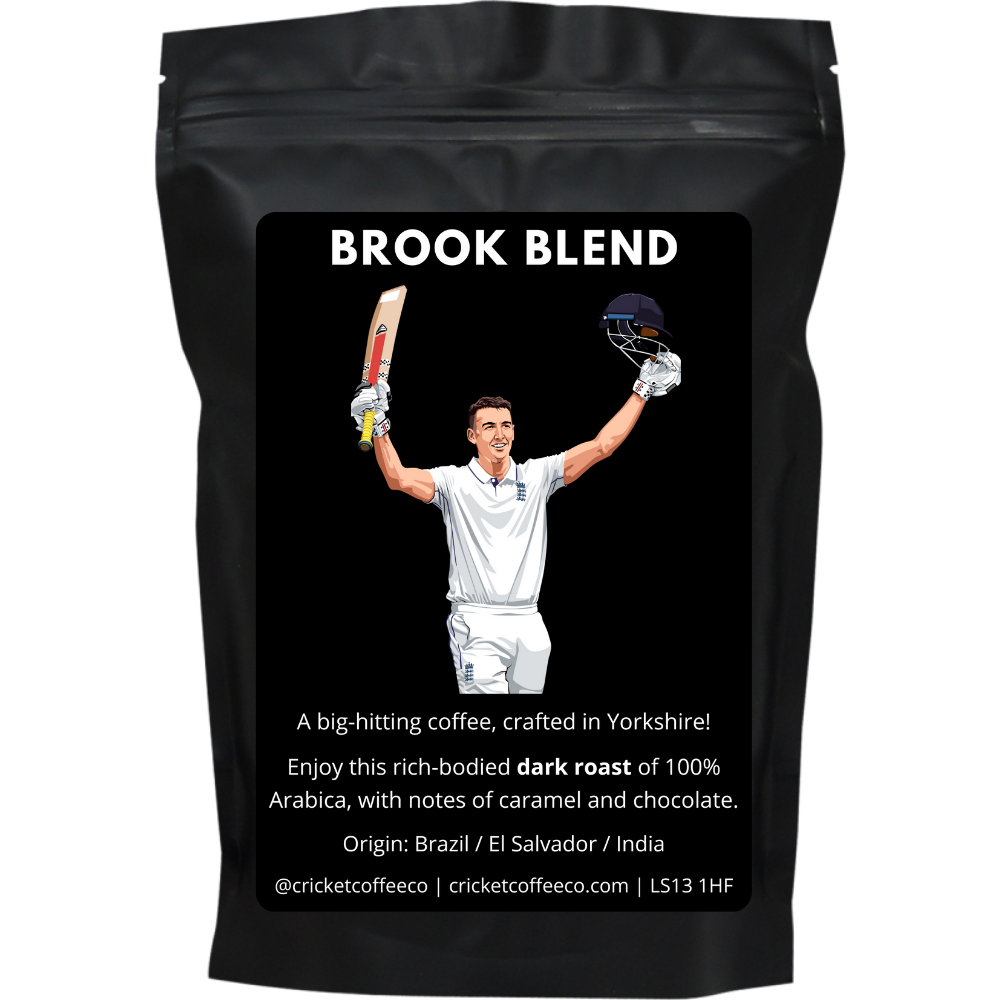 Bag of Clubhouse Roastery Brook Blend Dark Roast coffee with branding and product details on the packaging.