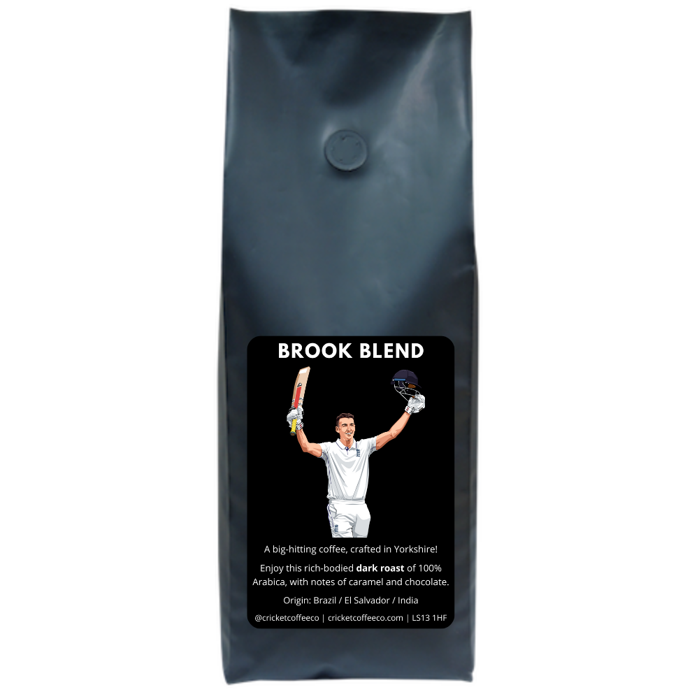 Dark roast Brook Blend coffee by Clubhouse Roastery in 500g bag, with rich, aromatic coffee beans visible in the image.