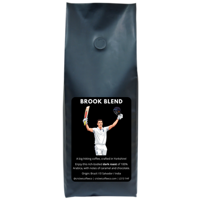 Dark roast Brook Blend coffee by Clubhouse Roastery in 500g bag, with rich, aromatic coffee beans visible in the image.