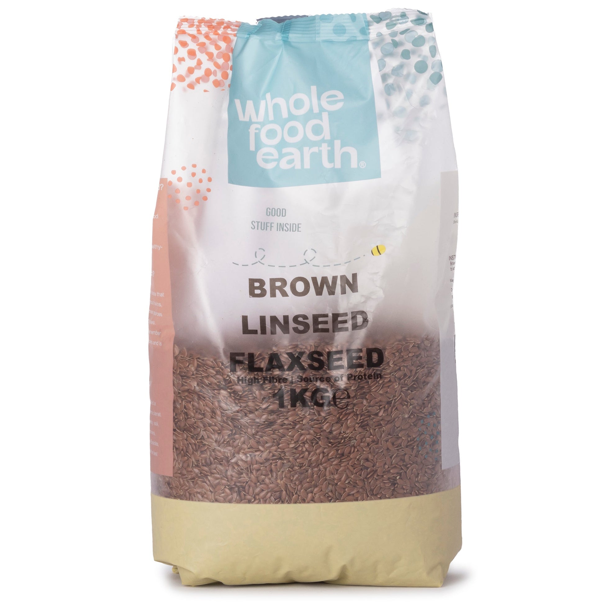Whole Food Earth brown linseed flaxseed in 1kg package, showcasing fresh, whole nuts and seeds for healthy eating.