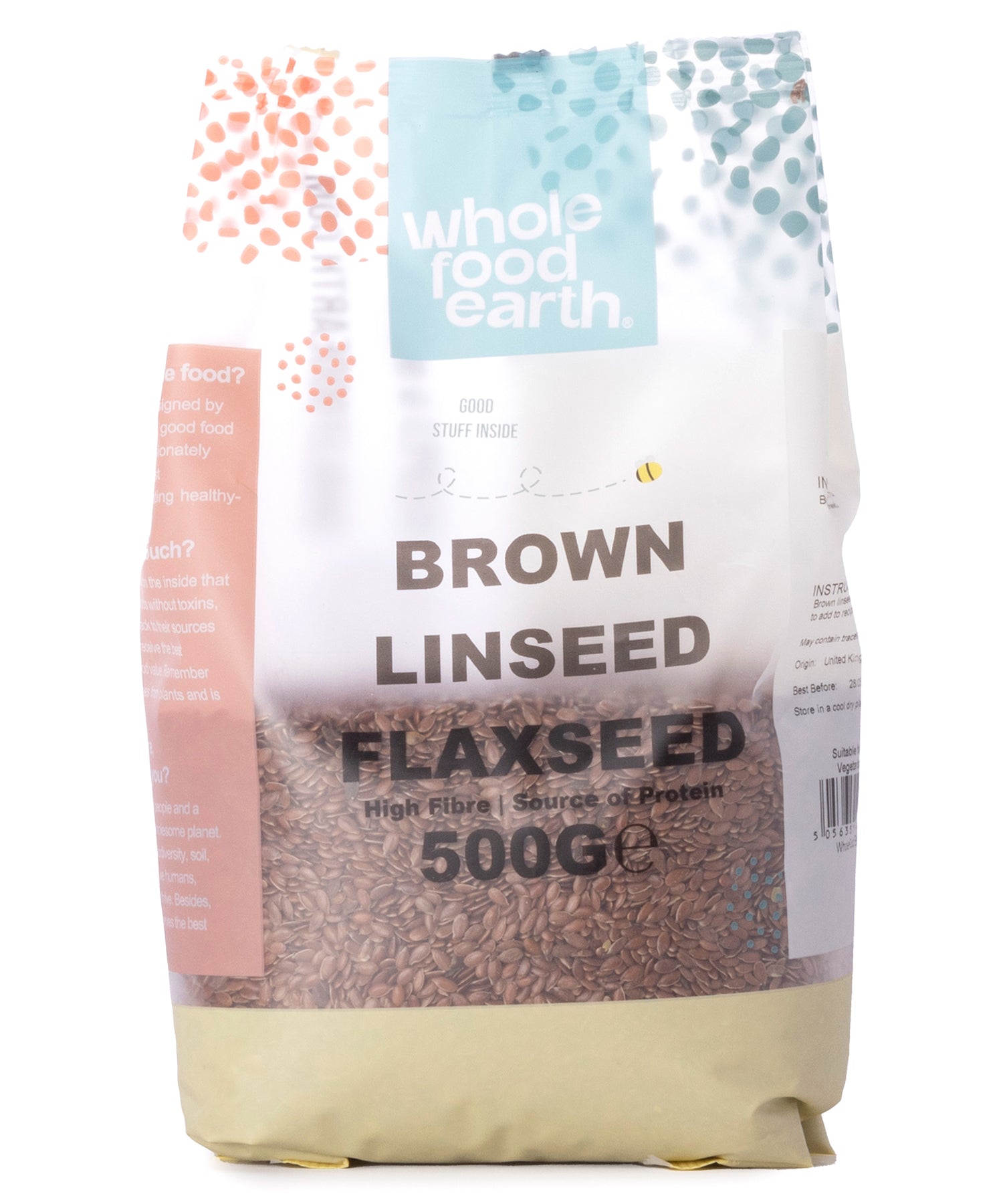 Whole Food Earth brown linseed flaxseed in a 500kg bag, showcasing the rich, textured seeds used as healthy nuts and seeds.