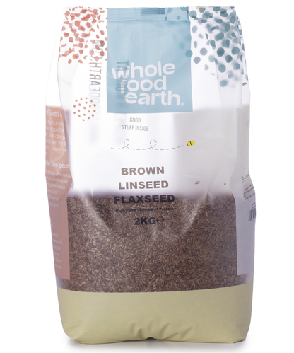 Whole Food Earth brown flaxseed, crunchy linseed nuts and seeds, 2kg bag for healthy snacking or baking.