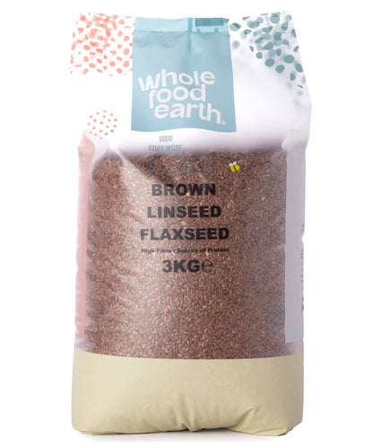 Whole Food Earth brown linseed flaxseed in a 3kg package, showing whole brown seeds ideal for baking and smoothies.