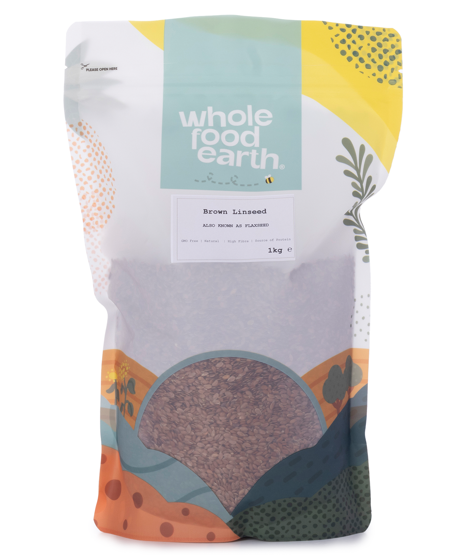 Whole Food Earth brown linseed flaxseed in a 1kg bag, a nutritious nuts and seeds product for healthy eating.