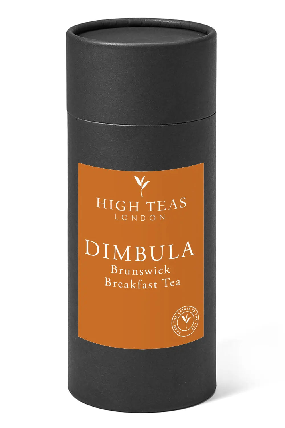 Loose leaf Dimbula BOP Brunswick Breakfast Tea by High Teas, showcasing dark, twisted tea leaves in a clear container.