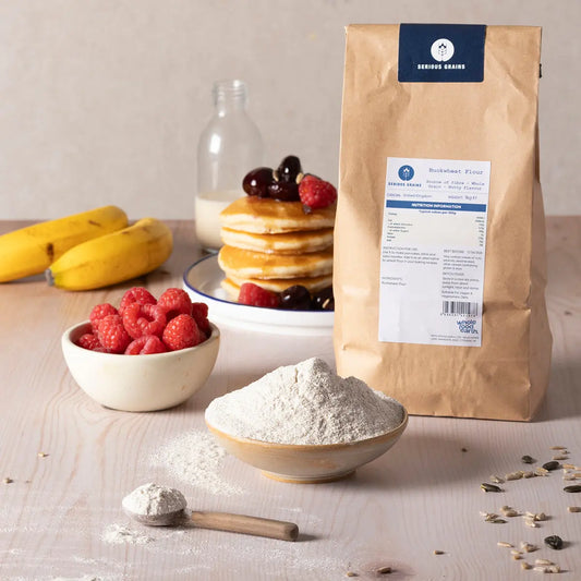 Whole Food Earth buckwheat flour in a rustic kitchen setting, ready for baking in a natural, wholesome environment.