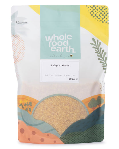 Whole Food Earth bulgur wheat in a 500g package, showcasing the natural grains used for healthy meals.